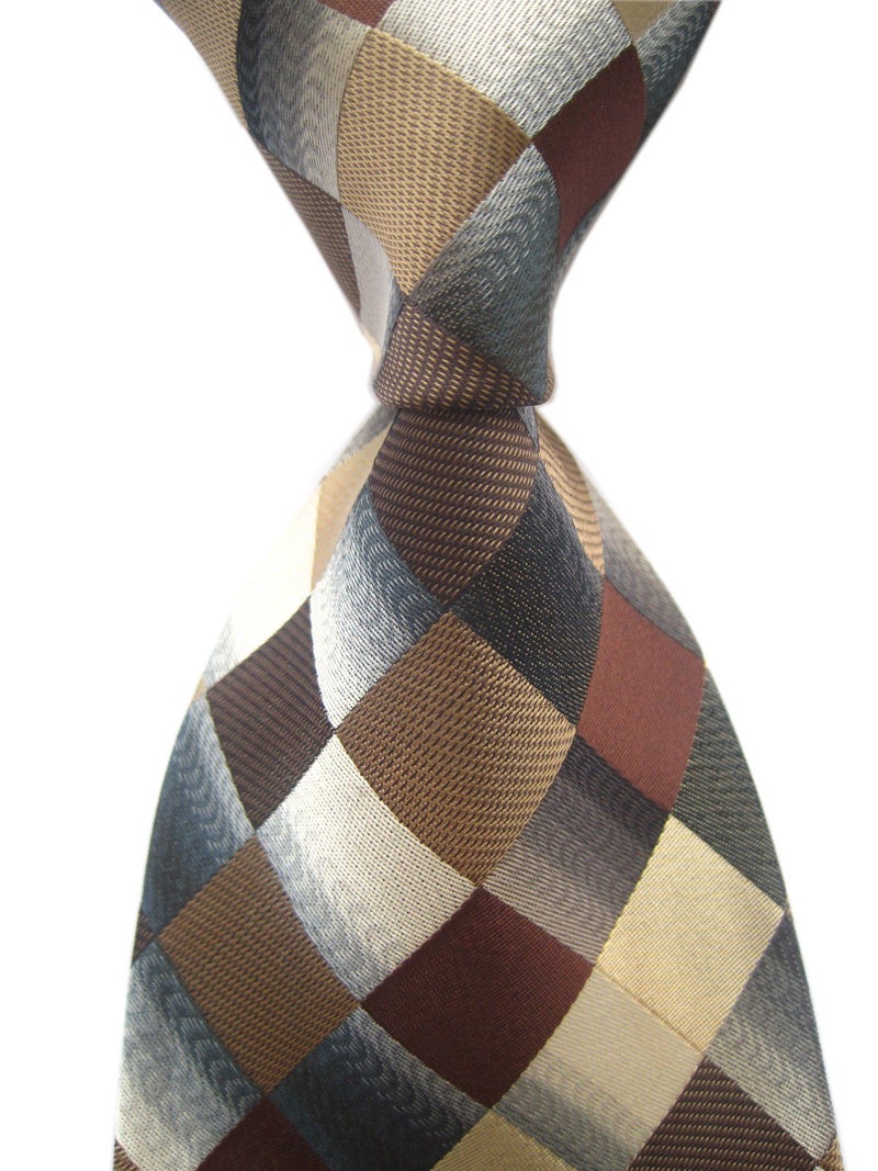 Secdtie Men's Classic Checks Dark Blue Grey Jacquard Woven Silk Tie Necktie (One Size, Brown) - Image 3